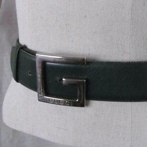 GUCCI Ladies Vintage Wide Green Leather Belt Silver Buckle 90s